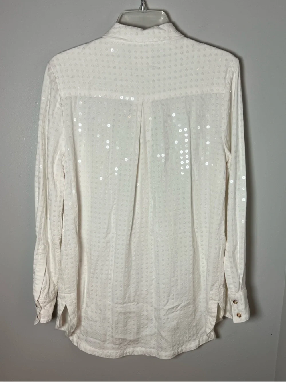 Maeve Anthropologie White Sequin Button Down Shirt Party Bachelorette Sz M - Picture 6 of 7